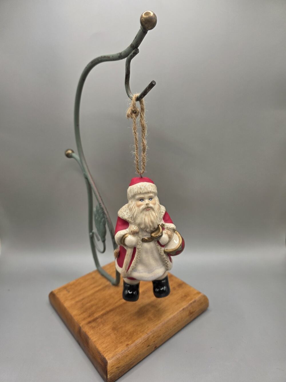 Vintage Hand Painted Porcelain Santa Ornament Traditional Red Gold Trim Vtg